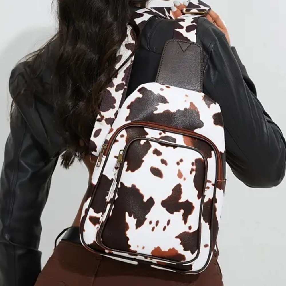 Vegan Leather Brown Vintage Cow Print Crossbody Bag